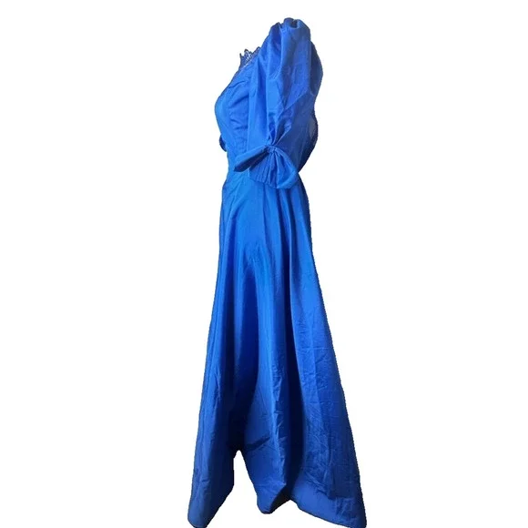 Vintage 1980's ILGWU Blue Evening Gown Prom Dress Sweeping Prairie Puff Sleeve - Picture 3 of 12